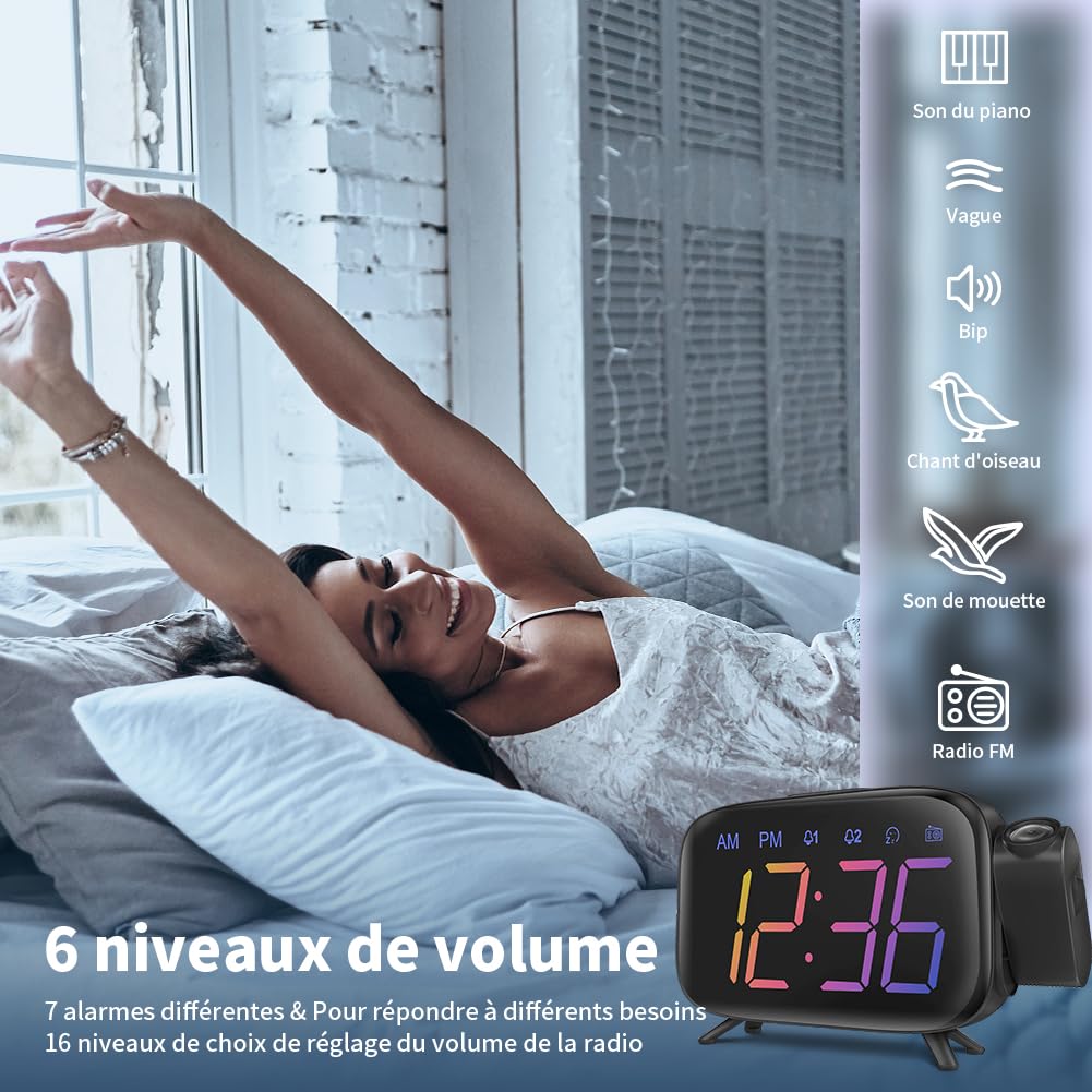 LIORQUE Radiowekker met projector, digitale wekker met groot VA-display, radiowekker FM, C°/F°, 12/24 H, DST, 4 helderheidsniveaus, USB, digitale wekker 180 graden met geheugenfunctie