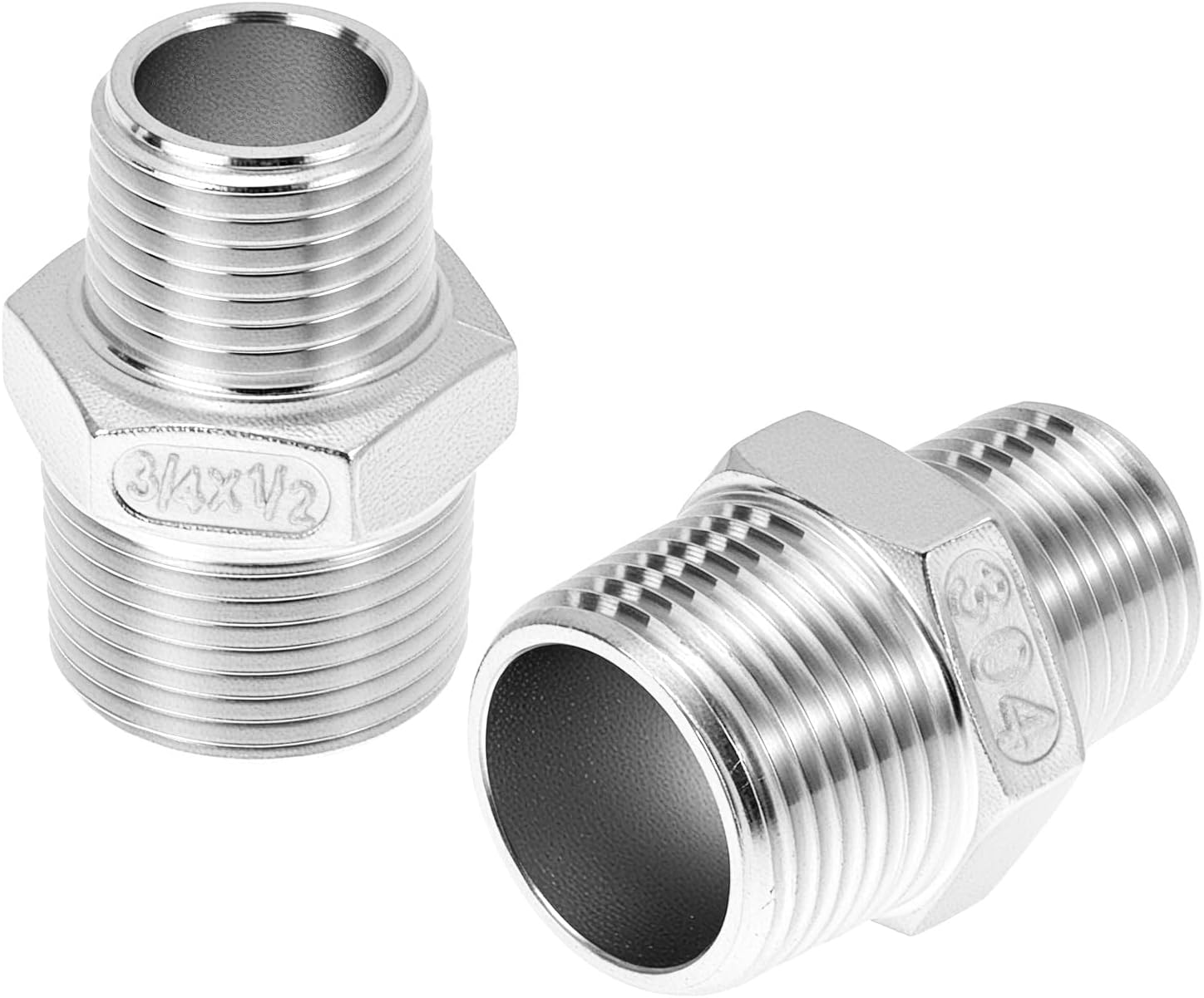 QWORK Reducing Hex Nipple, 2 Pack 3/4" NPT Male x 1/2" NPT Male 304 Stainless Steel Pipe Fitting, Threaded Pipe Fitting NPT, Straight Connector, Reducer Nipple Adapter