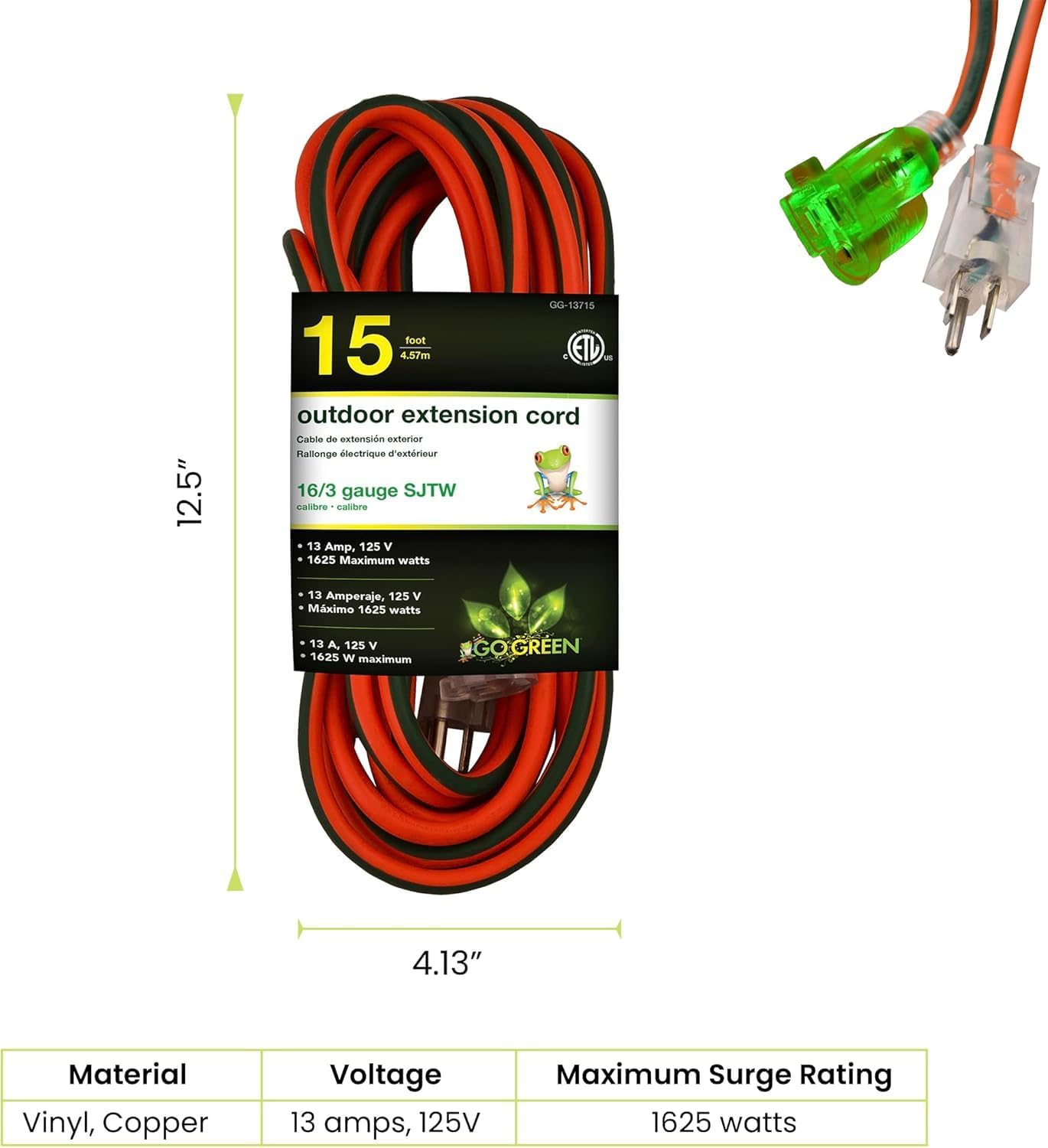 GoGreen Power Inc. (G-13715-2) 16/3 15' Heavy Duty Extension Cord - Orange, 15ft, 2 Pack