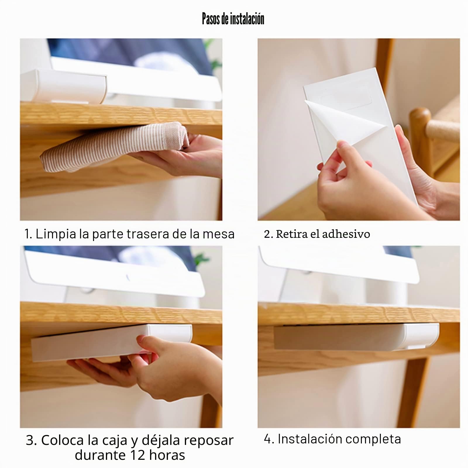 2 Piezas Cajón Debajo del Escritorio, Cajón Debajo de la Mesa Organizador con Mango, Organizador de Papelería Autoadhesivo, Organizador de Cajones Autoadhesivo para Oficina/Escuela/ Hogar, Blanco