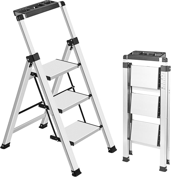 XinSunho 3 Step Ladder, Retractable Handgrip Folding Step Stool Ladders