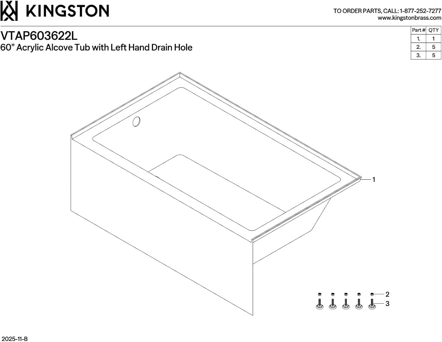 Kingston Brass Aqua Eden VTAP603622L 60-Inch Acrylic Alcove Tub with Left Hand Drain, White - Image 9
