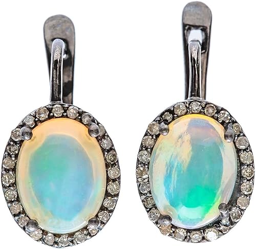 Aretes ovalados con piedras preciosas de ópalo auténtico, con diamantes genuinos, idea de regalo para el día de San Valentín y Día de la Madre