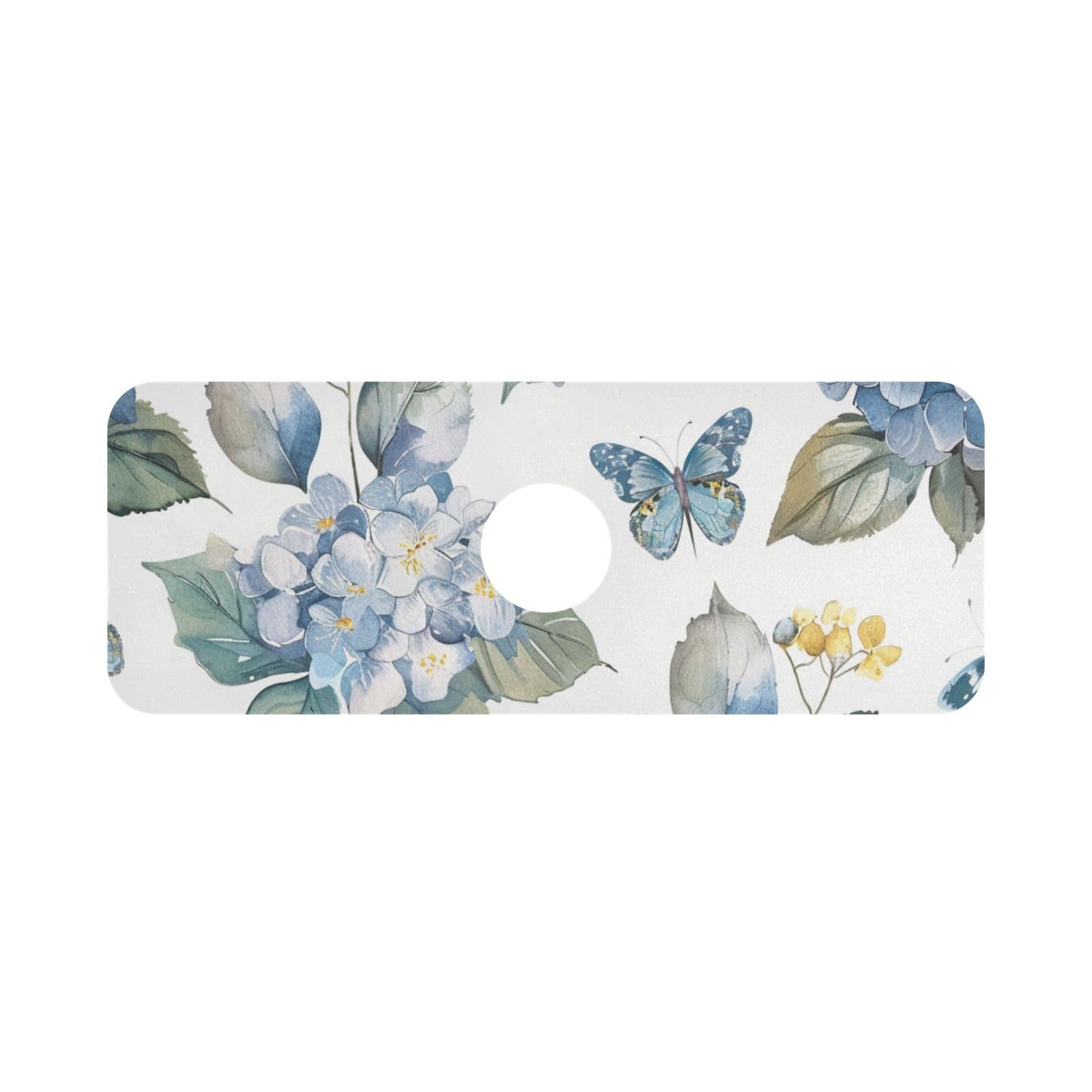 Blue Hydrangea Butterfly Kitchen Sink Splash Guard Faucet Mat Diatomite Absorbent Pad for Bathroom RV 14.7x5.4in 1PCS water