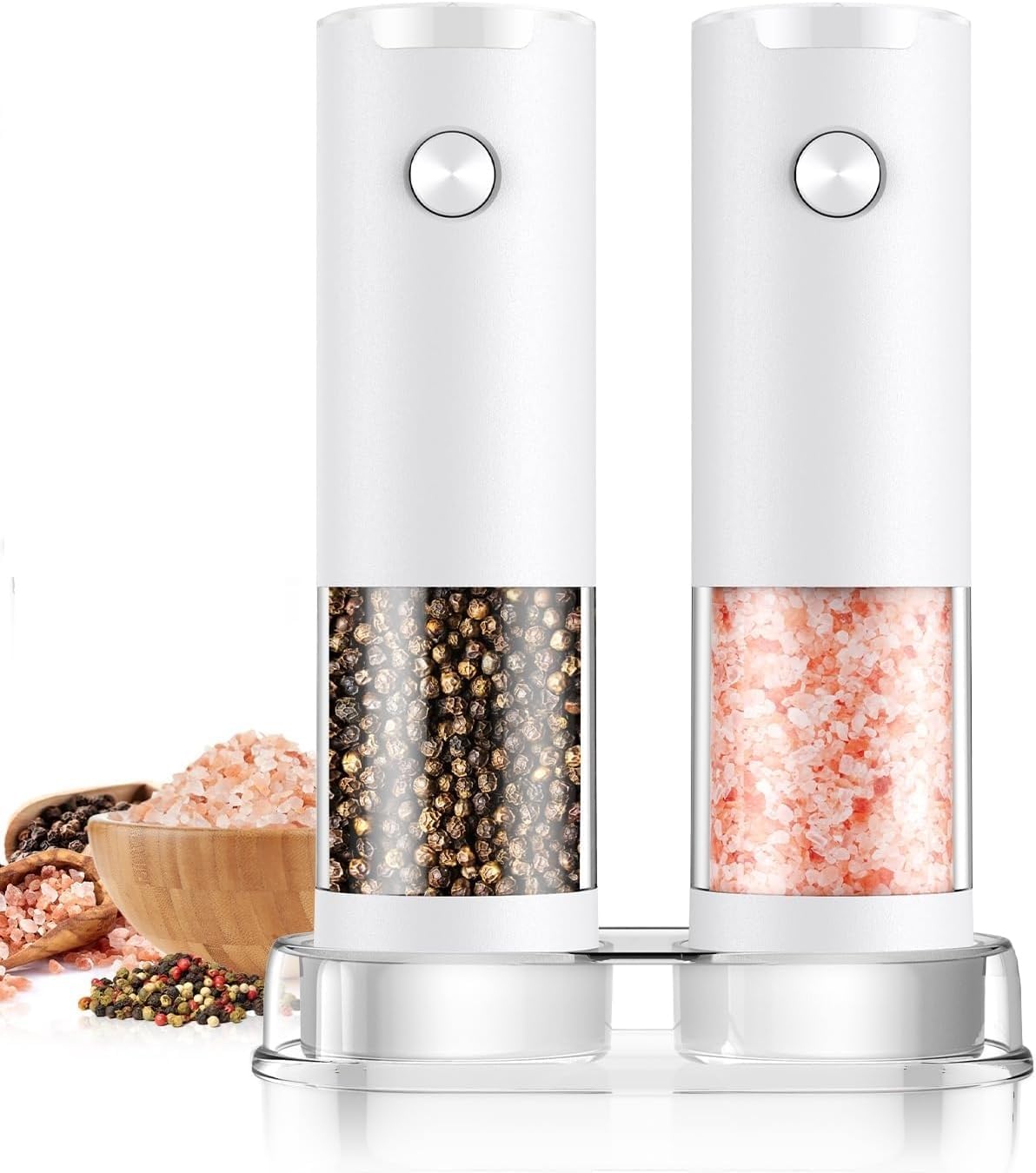 Electric Salt and Pepper Grinder Set, Automatic Battery Operated Pepper Mill Shakers with Adjustable Coarseness, Built-In LED Light, Large Capacity, Kitchen Use and Gift Option (White)