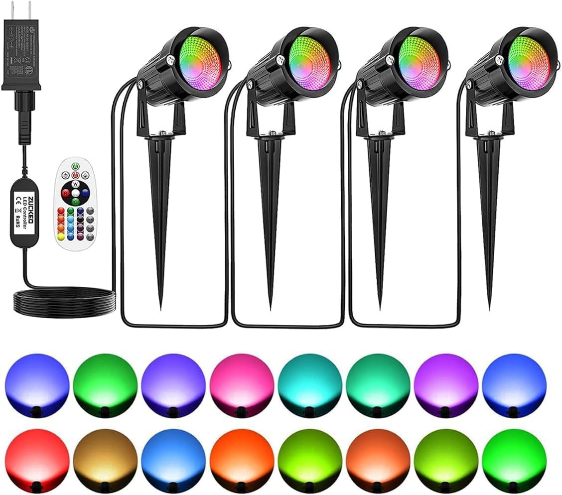 ZUCKEO Outdoor Landscape Spotlights RGB Color Changing Landscape Lights with Transformer and Wire, All in One Kit Low Voltage LED Spot Lights (4Pack)