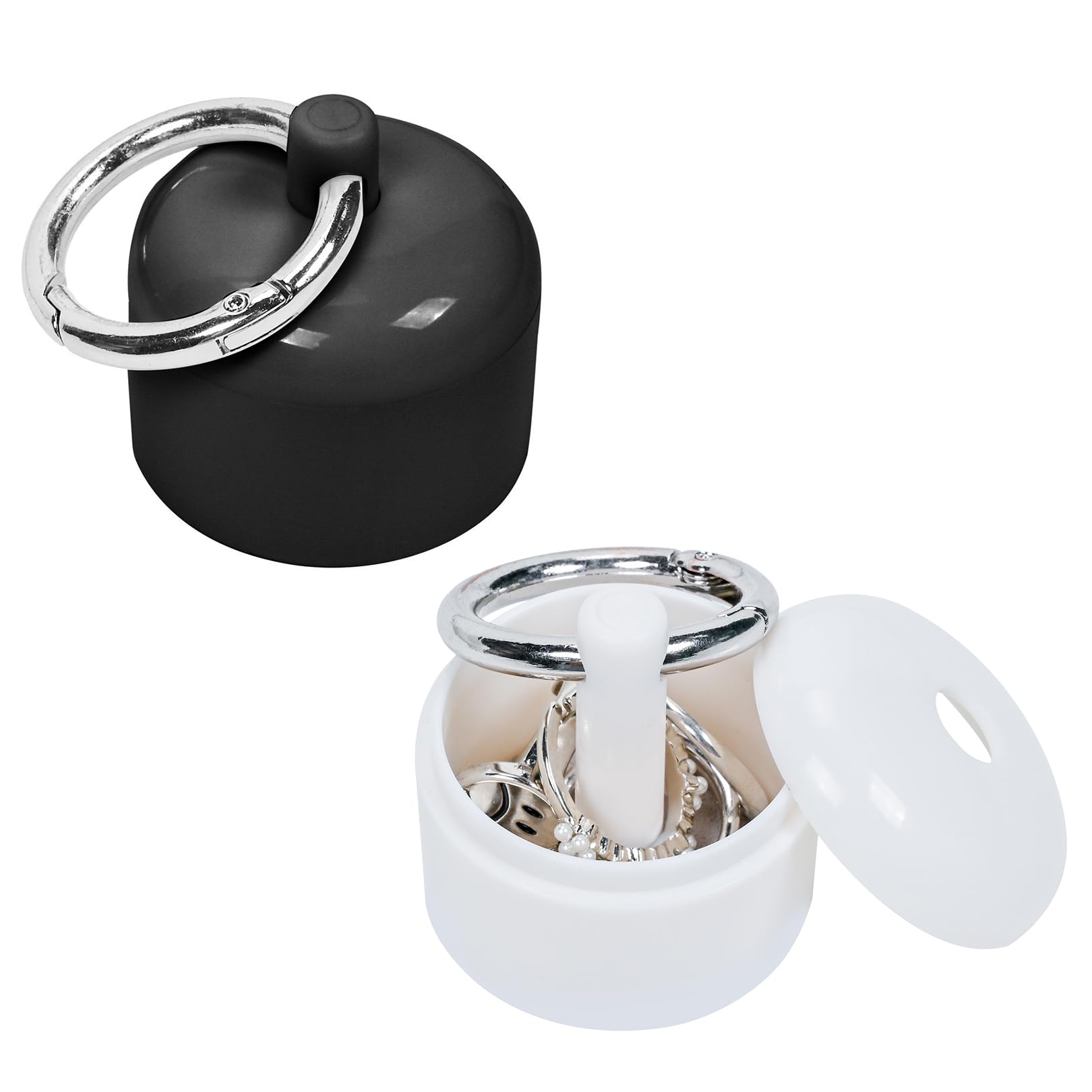 2 Stück Tragbare Reise Schmuckhalter,Mini Ringhalter,ABS Kunststoff Ring Aufbewahrung,Ring Organizer mit Schlüsselanhänger,Schmuck Aufbewahrungsbox,für Ohrringe,Ringe,Halsketten(Schwarz,Weiß) Fashion