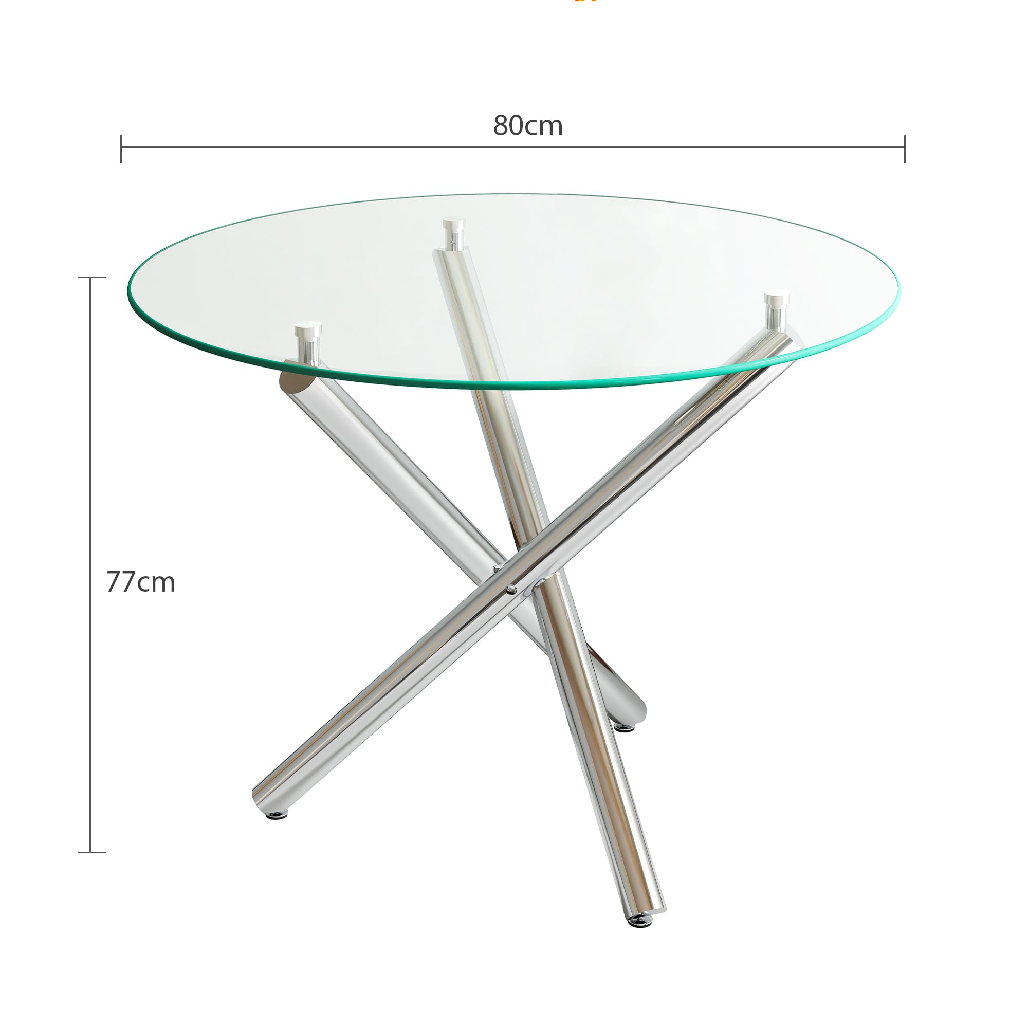 Stół do jadalni okrągły 80 cm z hartowanego szkła ze srebrnymi krzyżowymi nogami, okrągły stół kuchenny dla 2-4 osób, minimalistyczny stół szklany z regulowanymi nóżkami, srebrny