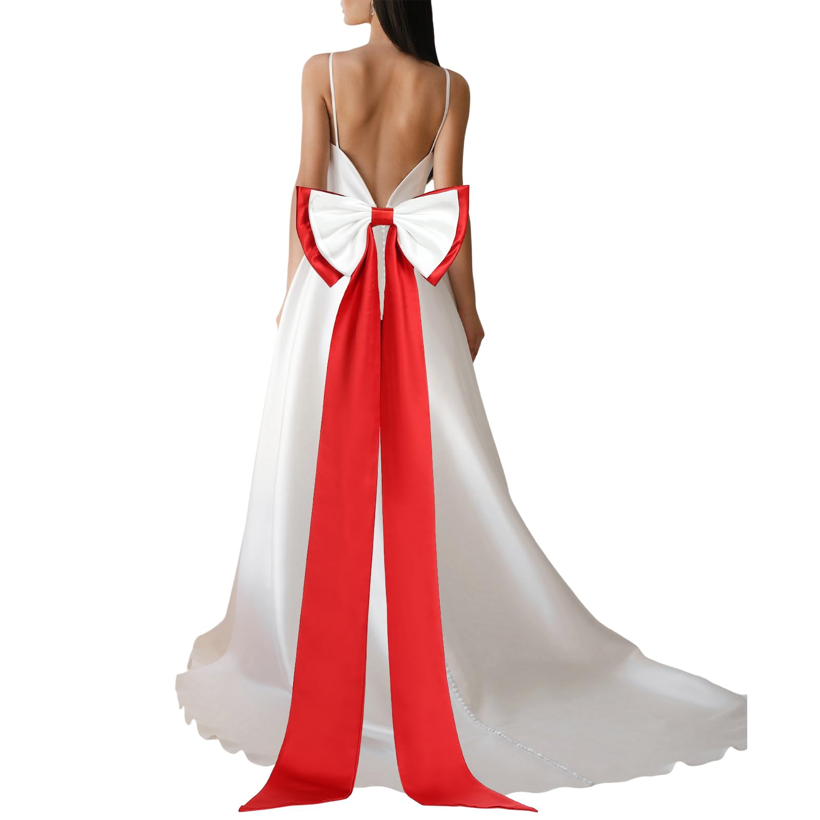 YELARXI Satin Big Bow for Wedding Dresses, Long Detachable Satin Bow Sweep Train - Fitting for (Formal Dress - Sash Belt - Wedding Accessories - Women) 59 Inch & Red/White