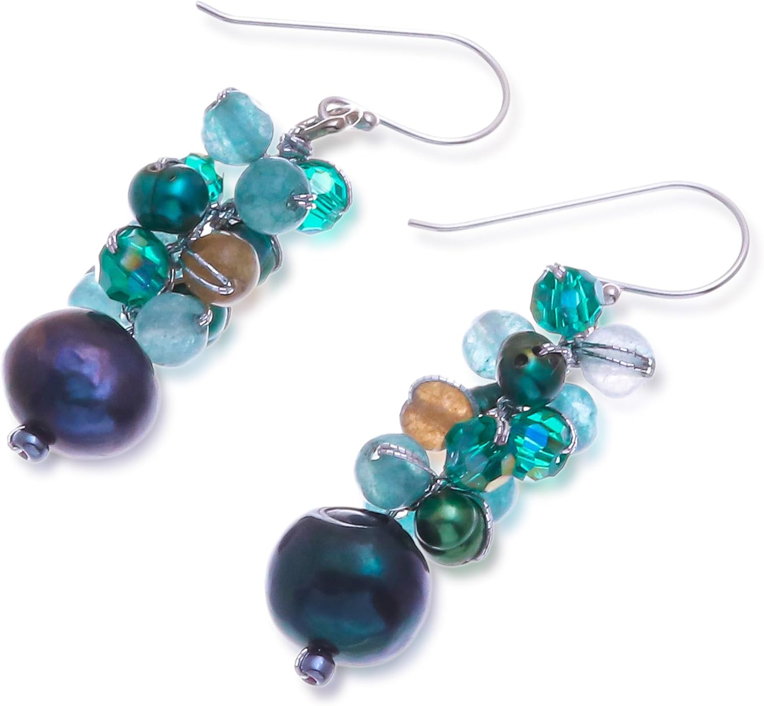 NOVICA Artisan Handmade Cultured Pearl Beaded Dangle Earrings Bluegreen Gemstone Cluster Sterling Silver Silk Quartz Dyed Freshwater Thailand Birthstone [1.7 in L x 0.4 in W] ' Winter'