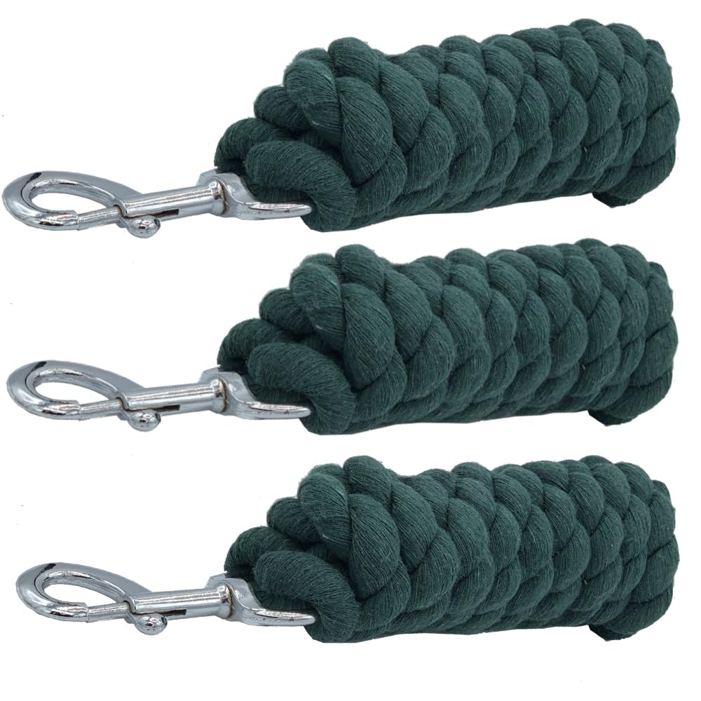 Cotton Lead Rope For Horses Heavy Duty Metal Trigger Clip 2 Meters Long Quality Lead Rope (BOTTLE GREEN, PACK OF 3)