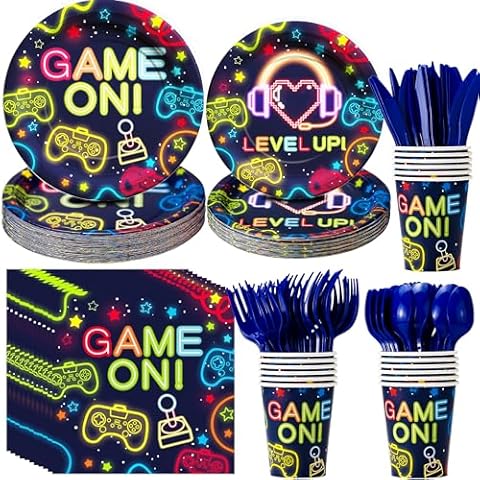 FVABO Video Game Plates And Napkins Party Supplies - Gaming Party Birthday Table Decorations Tableware, Paper Plates, Napkin, Cup, Disposable Cutlery, Video Game Theme Party Decorations | Server 24 Cover
