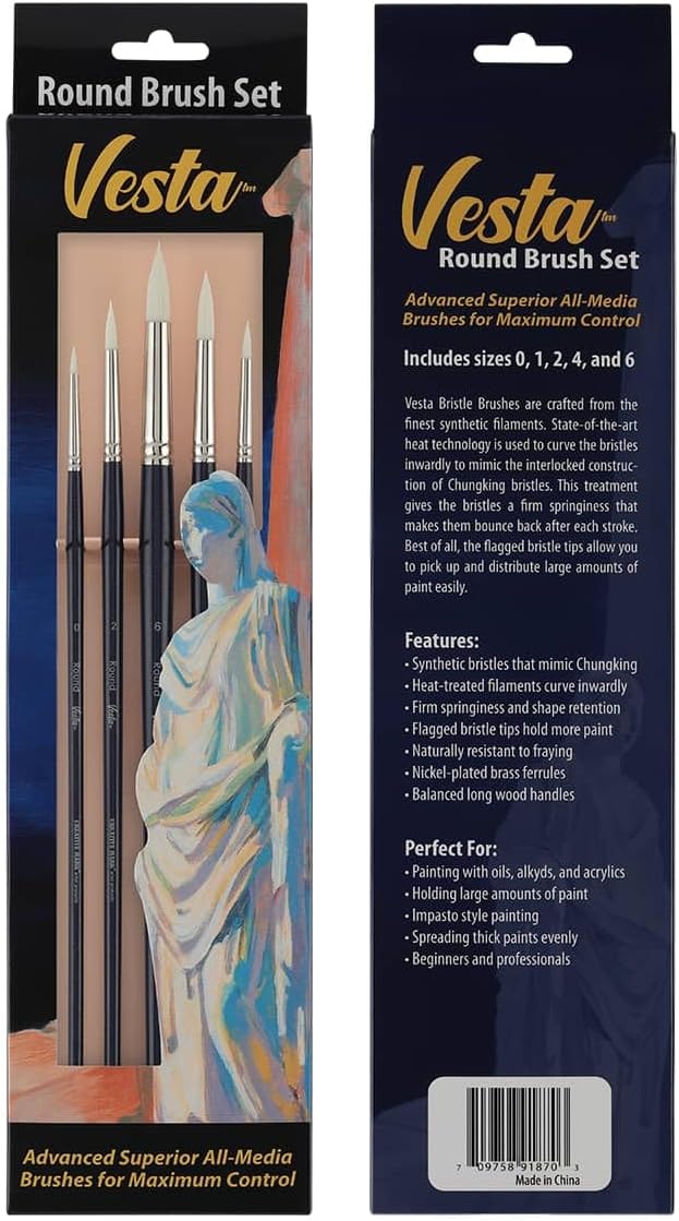 Creative Mark Vesta Synthetic Bristle Artist Paint Brushes for Acrylic Painting - Long Handle Acrylic Paint Brush Set of 5 Mimics Chungking Bristles for Oils and Alkyds - Round Sizes 0,1,2,4,6