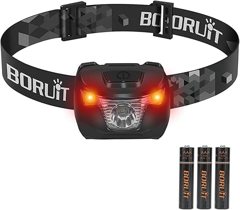 BORUIT BR01 Linterna Frontal LED con Luz Roja y Blanca, Linterna de Cabeza con Pilas AAA, 4 Modos, IP66 Impermeable, Luz Frontal Ajustable para Running, Camping, Pesca y Emergencia