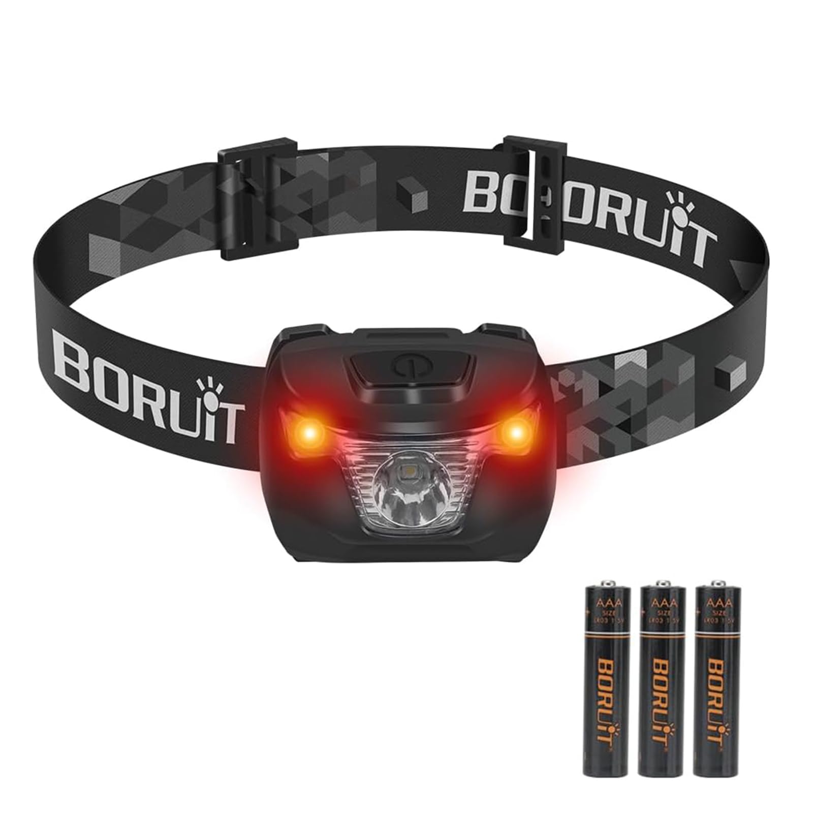 BORUIT BR01 Linterna Frontal LED con Luz Roja y Blanca, Linterna de Cabeza con Pilas AAA, 4 Modos, IP66 Impermeable, Luz Frontal Ajustable para Running, Camping, Pesca y Emergencia