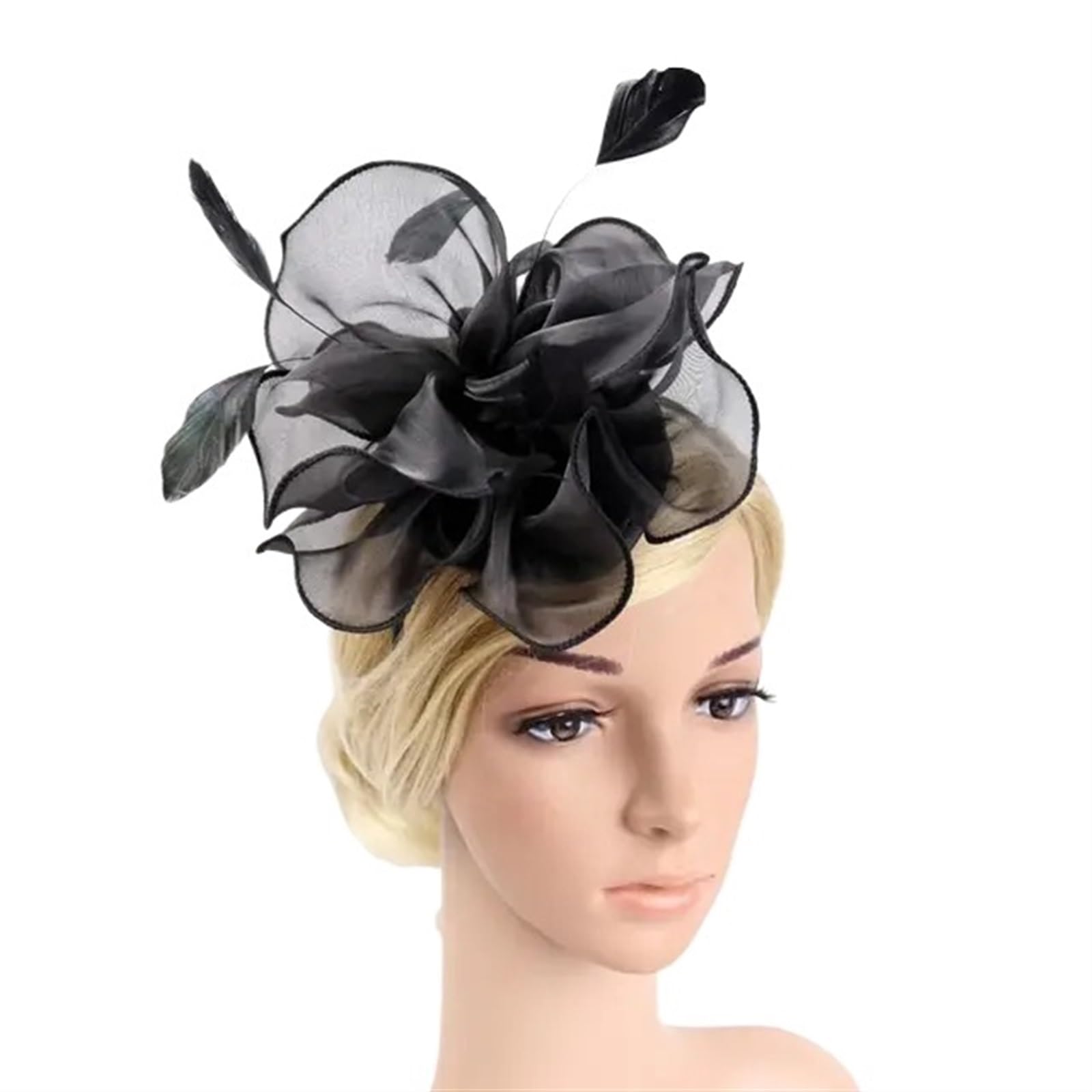 UALXPAO Wedding Hats Flower Mesh Headband Wedding Feather Cocktail Tea Party Headwear Fascinator Hats for Tea Party,Weddings(Black)