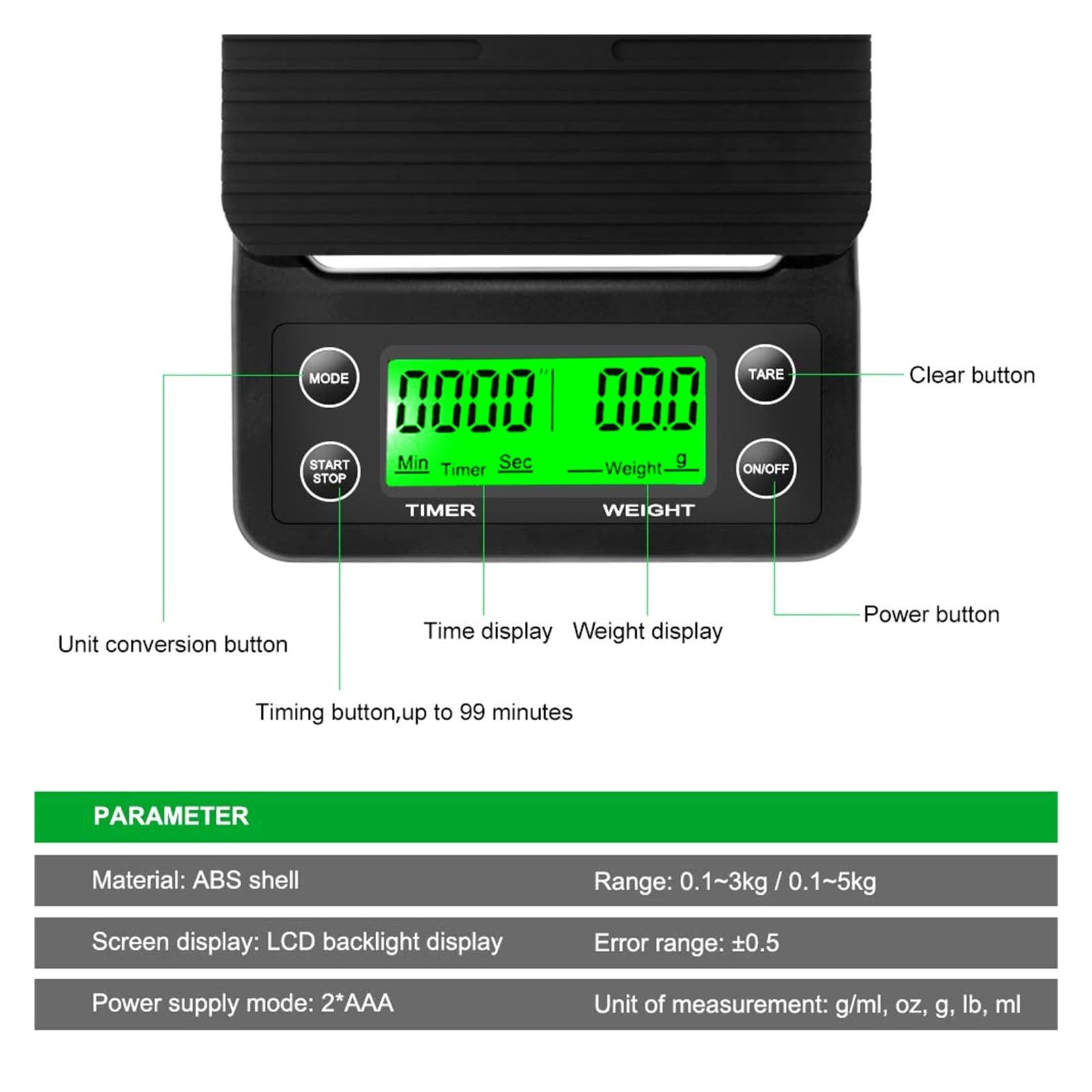 5 kg LCD Elektroniczna waga przelewowa do kawy z timerem Przenośna cyfrowa waga kuchenna Wysokiej precyzji narzędzie pomiarowe Elektroniczna waga(