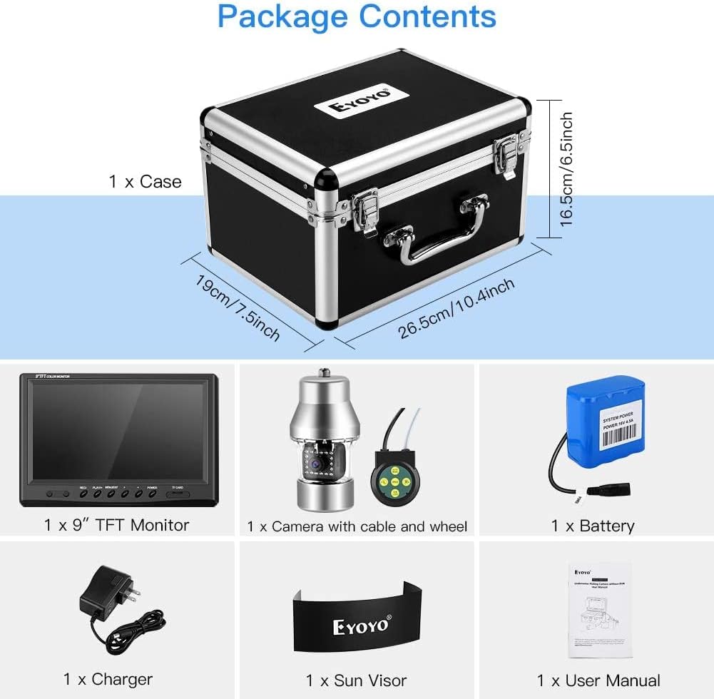 Eyoyo Underwater Fishing Camera Video Fish Finder DVR Function 9 inch Large Color Screen 360° Horizontal Panning Camera 1000TVL w/ 18 Infrared IR Lights 30M Cable for Lake Sea Boat Ice Fishing