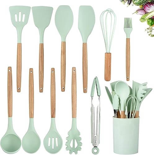 Juego de utensilios de cocina de silicona, 12 piezas, utensilios de cocina resistentes al calor de 446 F con asas de madera y soporte, sin BPA, para