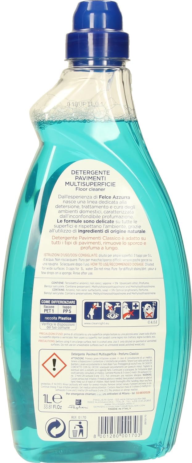 Felce Azzurra casa pavimenti classico Detergente per pavimenti Classic Home Floors, limpiador de suelos, 12 x 1 litro + Polpa italiana Gourmet 400 g