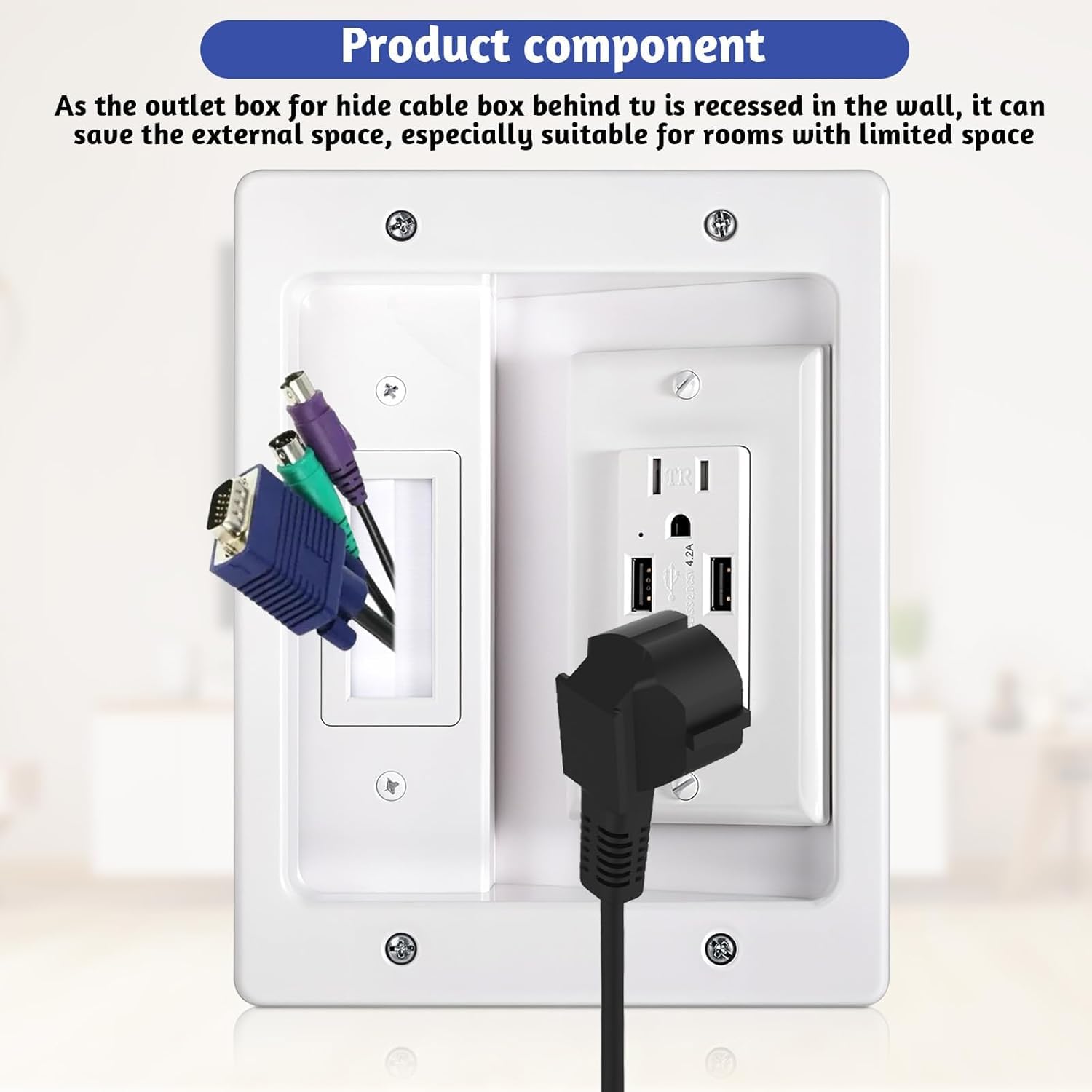 in Wall Cable Management Kit with Dual AC Outlets & Dual USB-A Ports - Recessed TV Power Kit for Wall Mounted TV, Hide Cords with Brush Plate Pass Through for Power Cables & Low Voltage Wires (White) - 3