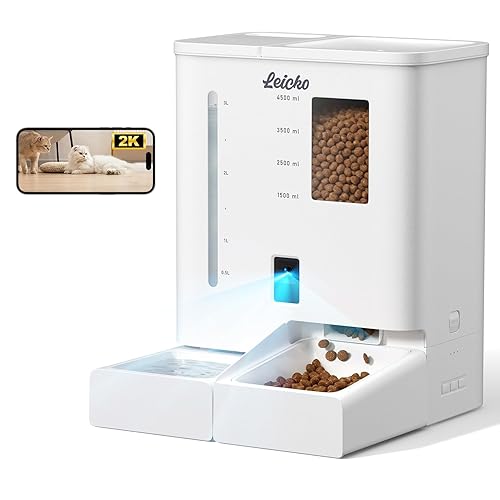 Automatic Cat Feeder with Camera,5G/2.4G WiFi Pet Feeder,2K HD Video and Night Vision,Easy APP Operation,Low Food and Food Clogging APP Tips,Water and Grain Large Capacity Feeder - White