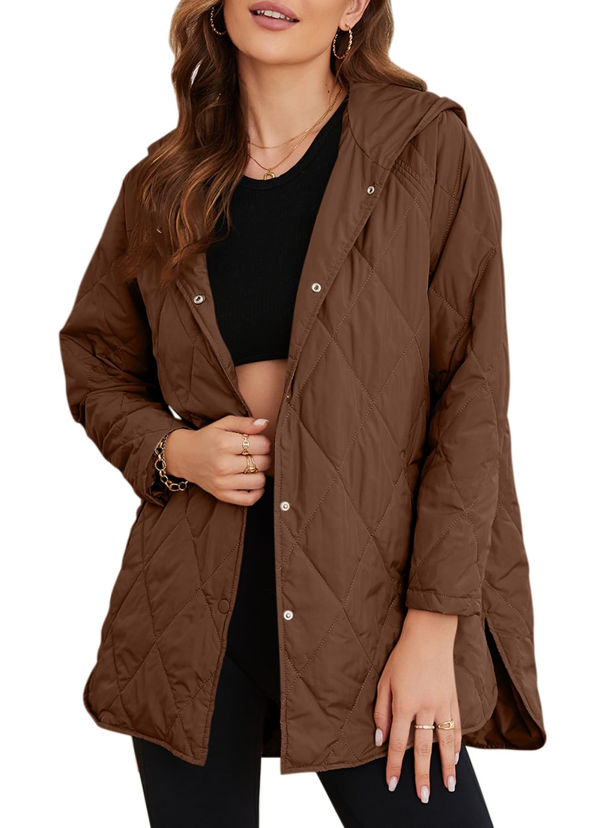 EVALESSJackets for Women Quilted Jackets Long Sleeve Button Down Puffer Jacket Business Casual Clothes Fahshion 2023 Winter Coats Cute Warm Solid Jacket Shacket Brown Jacket with Pockets, Small