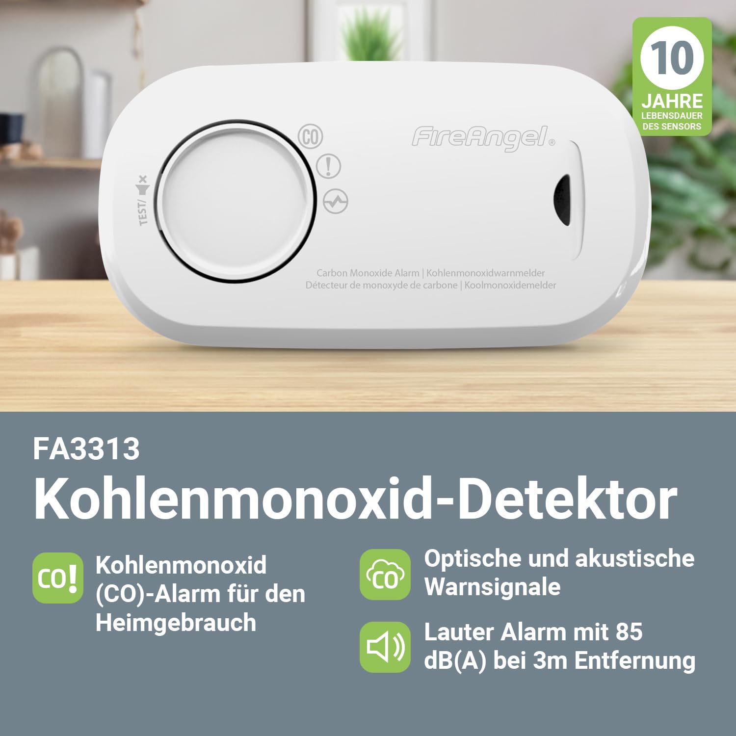 Fire Angel Kohlenmonoxidmelder und Alarm - FA3313 Sensor mit 10 Jahren Lebensdauer - CO Melder für Zuhause - Austauschbare Batterie, 1 Jahr Laufzeit - Reise CO Warner und -Monitor - Weiß