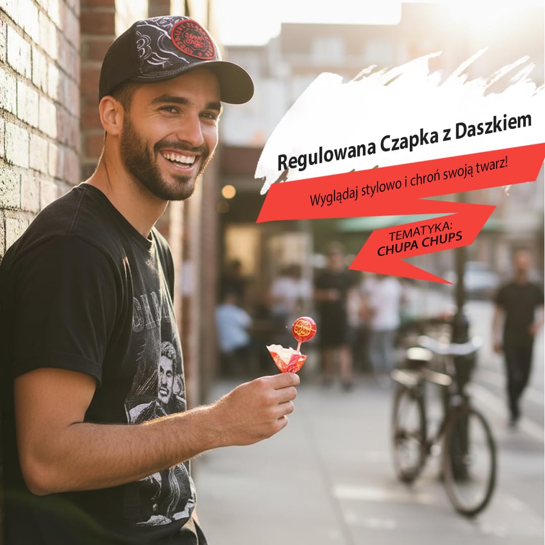 Capslab | Czarna Czapka Trucker | Model CC3 NIG Chupa Chups | Dla Dorosłych | Oryginalny, Retro i Urban Design | Regulowane Zapięcie i Oddychający Panel Siatkowy | Idealna do Aktywności Na Świeżym
