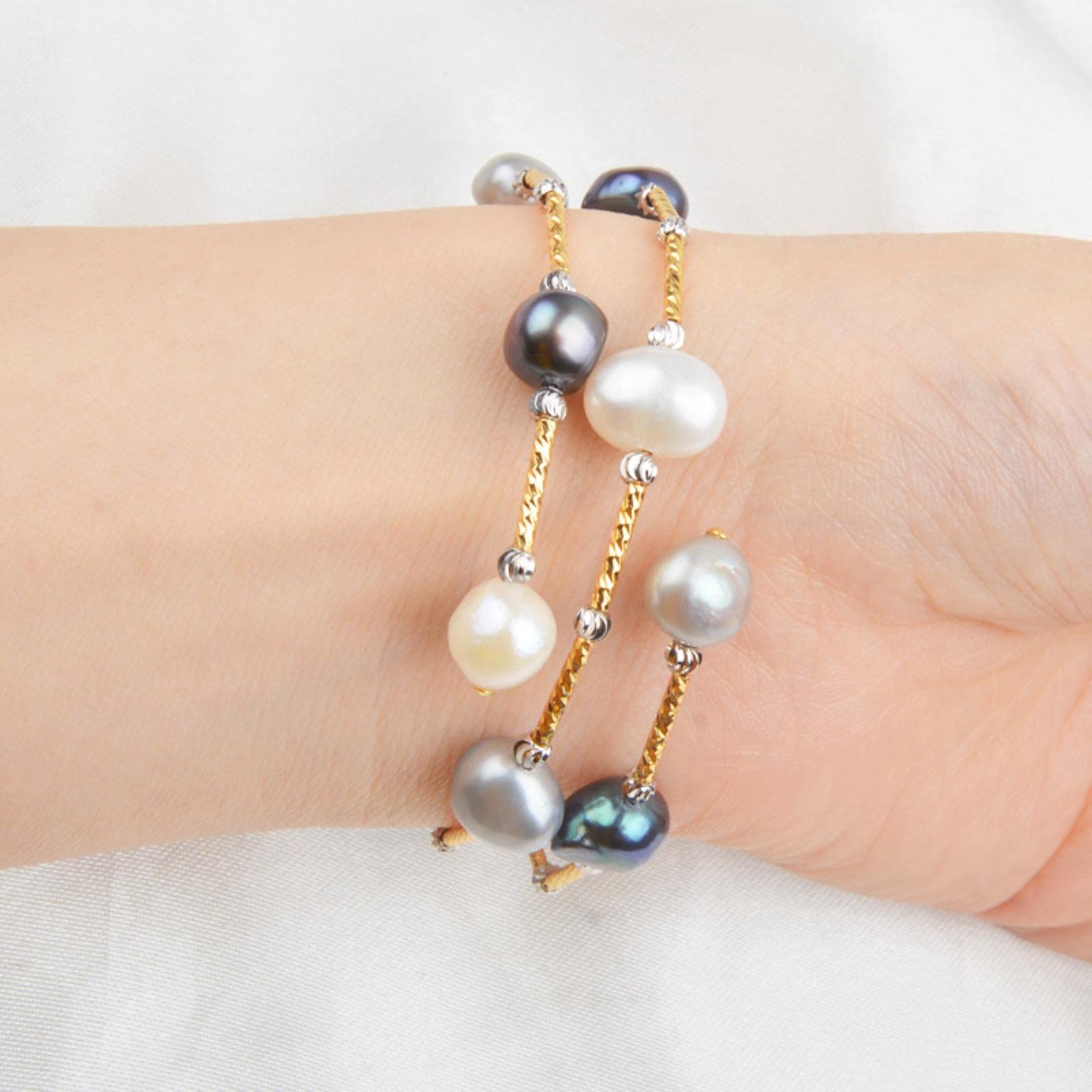 LOKILOKI Bracciale Con Perle Barocche D'Acqua Dolce Naturali - Gioiello In Argento 925, Elastico, Donna, Regalo Compleanno