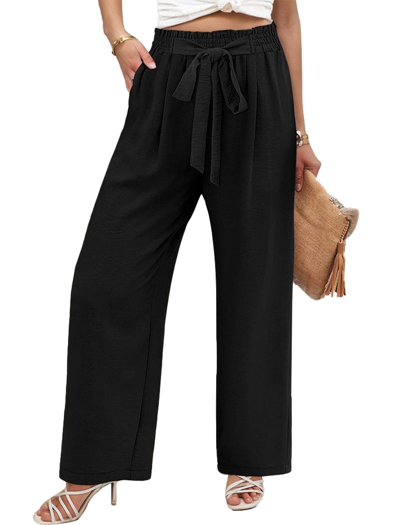 Tooluck Womens Wide Leg Pants Elastic High Waist Adjustable Knot Pants with Pockets Black