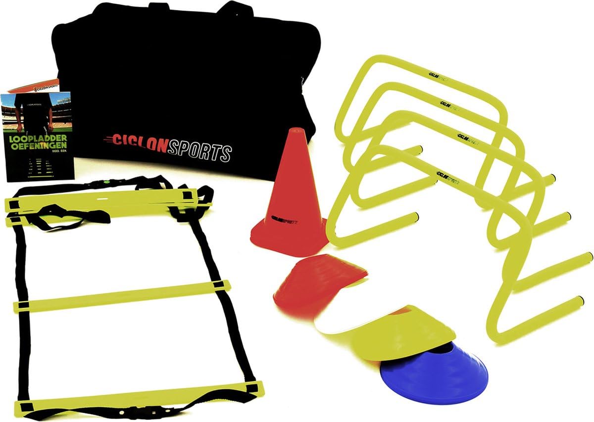 Ciclón Sports Training Pack XL | Borsa sportiva con scaletta 4 metri | 4 ostacoli | 4 pedine | Set di 20 cappelli evidenziatori, cappelli da allenamento | Libro con esercizi