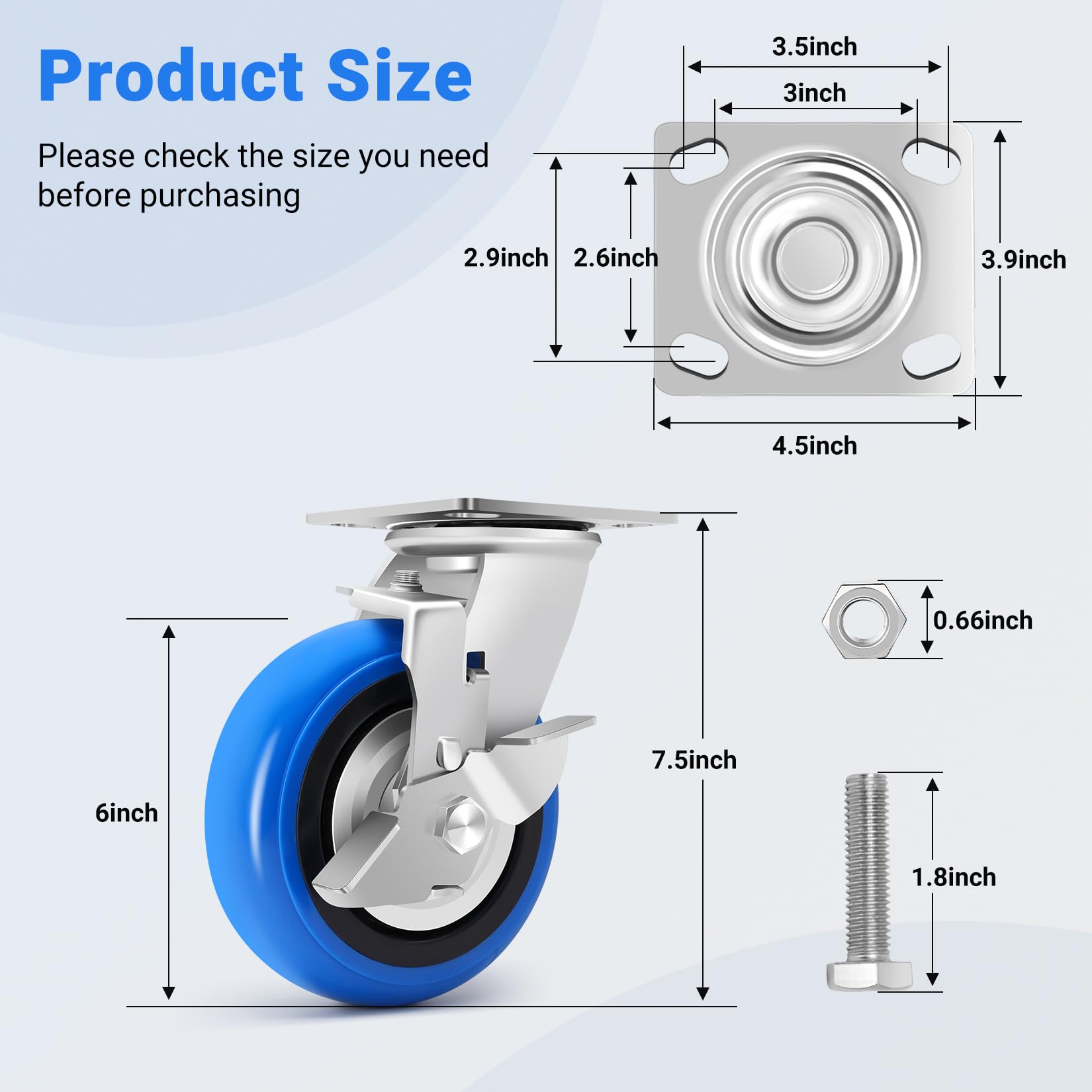W B D WEIBIDA Set di 4 ruote resistenti da 15,2 cm, design liscio per ruote del carrello, ruote di grado industriale da 2041,2 kg, con staffa ispessita aggiornata, ruote durevoli (4 freni)