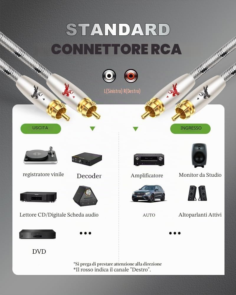 Impeto Cavi RCA Audio Alta Qualità, Cavo Audio 2 RCA Cinch Maschio a Maschio Nylon Treccia Connettori Placcati in Oro per CD, DVD, Home Theater, TV, Altoparlanti, Amplificatori, ecc - 2 m