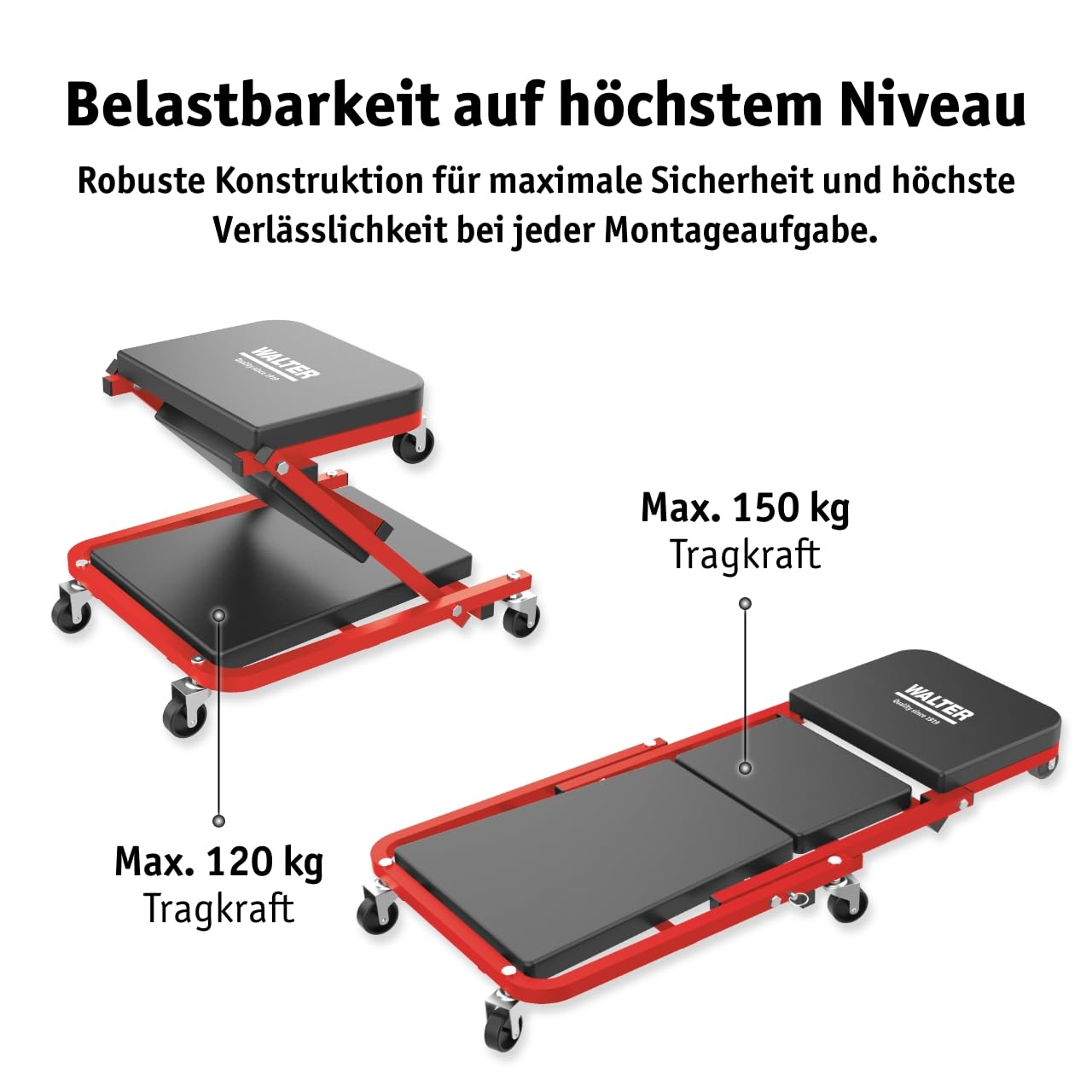 WALTER Montage Rollbrett/Werkstatthocker 2in1 | Tragkraft 150kg Rollsitz, Werkstattliege, Reifen Wechseln Zubehör, 360° drehbar
