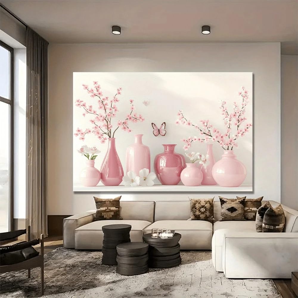 1 lienzo decorativo de pared con diseño de jarrón de cristal rosa y arreglo floral, ideal para la decoración de la sala de estar, el baño o la cocina (50x70cm/Sin marco).