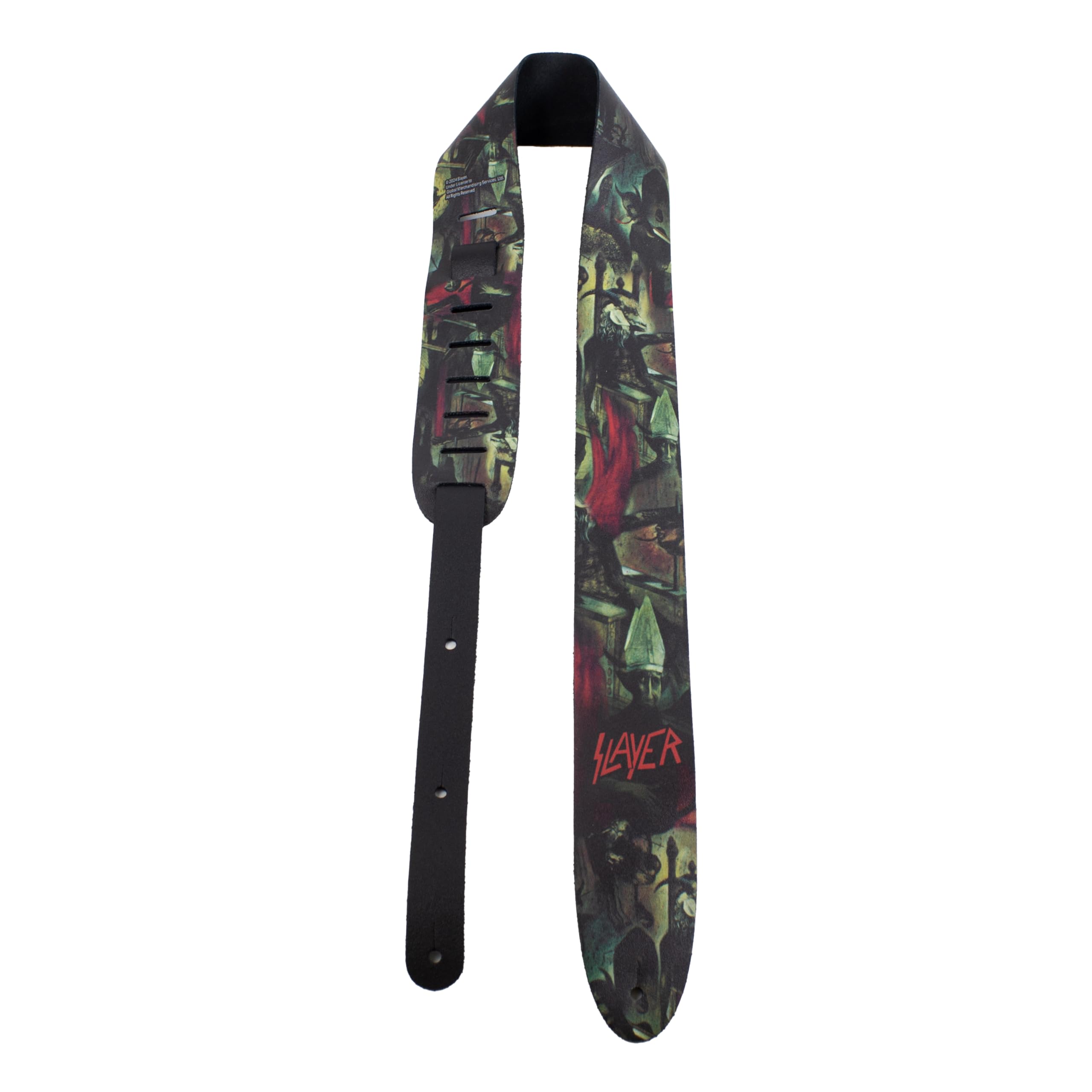 Perri's Leathers Ltd. – Slayer – Reign in Blood – Correa de guitarra de cuero – Producto con licencia oficial – Longitud ajustable – Para guitarras eléctricas, acústicas y bajos – Hecha en Canadá