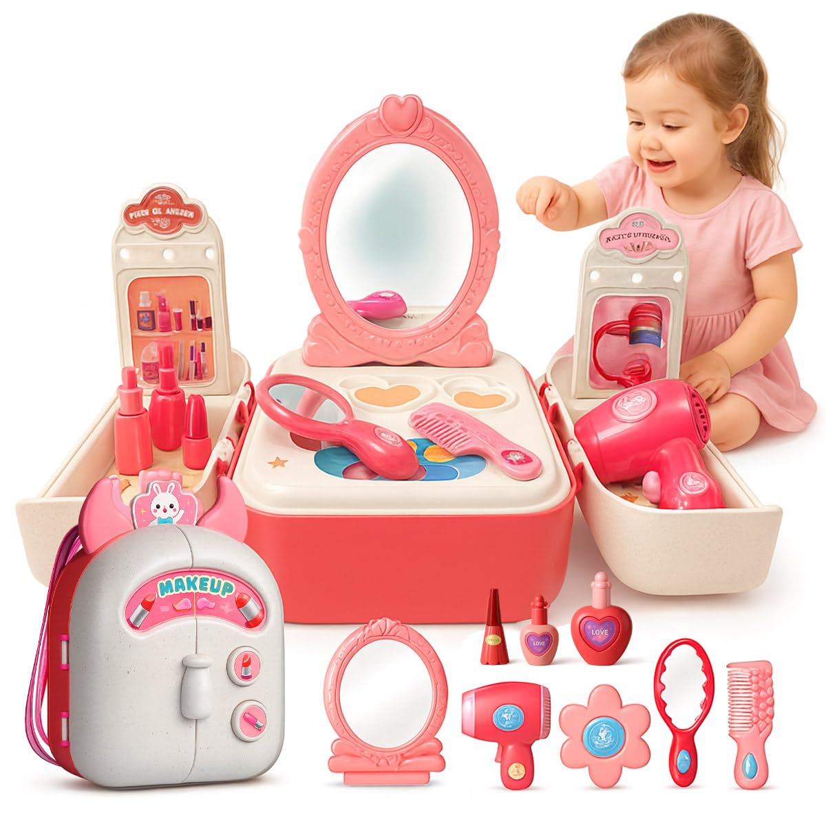 2 in 1 Kids Beauty Makeup Set and Backpack Toy, 9 Pcs Realistic Portable Vanity & Dress Up Preetend Playset With Hair Dryer, Mirror & Comb, Cosmetic Accessories, Fun Salon Kit Gift for Girls 3+ Years โ image 1