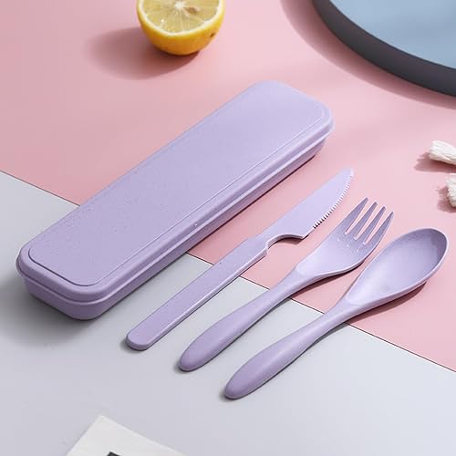 Miniatura 7 de Juego de utensilios de viaje reutilizables con estuche, 2 juegos de paja de trigo portátil de plástico, tenedor, cucharas, cuchillo, cubiertos de