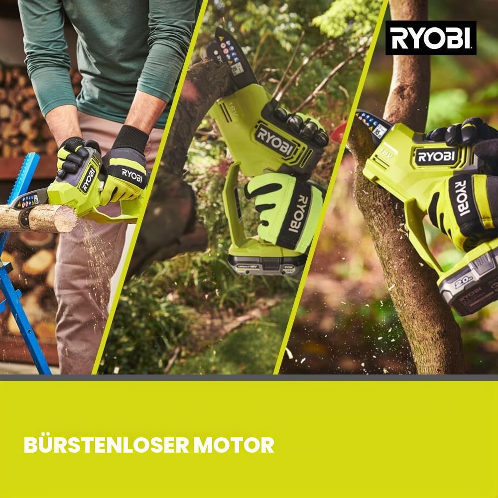 RYOBI 18 V ONE+ Brushless Akku-Astsäge RY18PSX10A-0, 10 cm Schwertlänge, 8 cm Schnittkapazität, Kettengeschwindigkeit bis 6,0 m/s -Variabel einstellbar, ohne Akku und Ladegerät