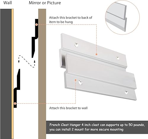 Miniatura 5 de Colgador de fotos para tacos franceses de 4 pulgadas  2 pares  Percha de aluminio Z soporta 50 libras  Kit de accesorios de montaje de pared