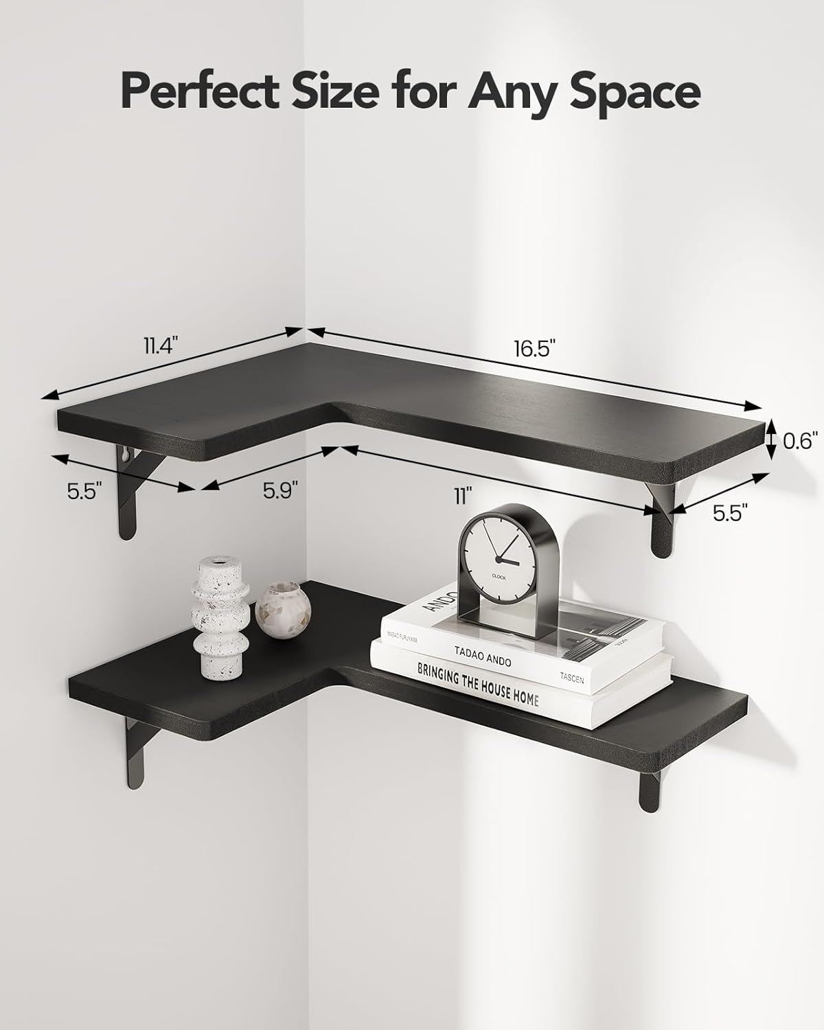 AMADA HOMEFURNISHING Corner Floating Shelves, Set of 4 Corner Wall Shelves, Shelves for Wall Decor, Corner Wood Shelves for Home Decor, Office, Bedroom, Bathroom, Laundry Room, Kitchen, Black