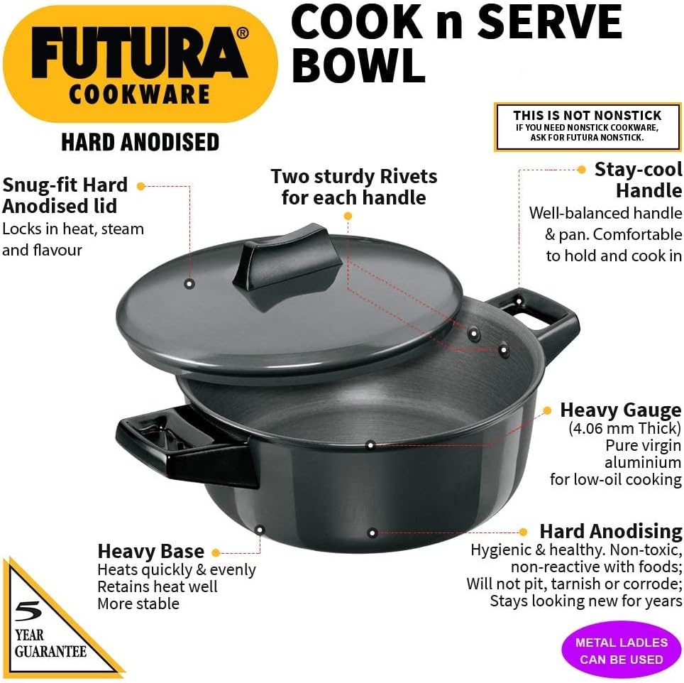 Hawkins Futura Hard Anodised Aluminum Cook-n-Serve Bowl with Hard Anodised Lid,Capacity (2lt-3lt-4lt) -3 pcs Set