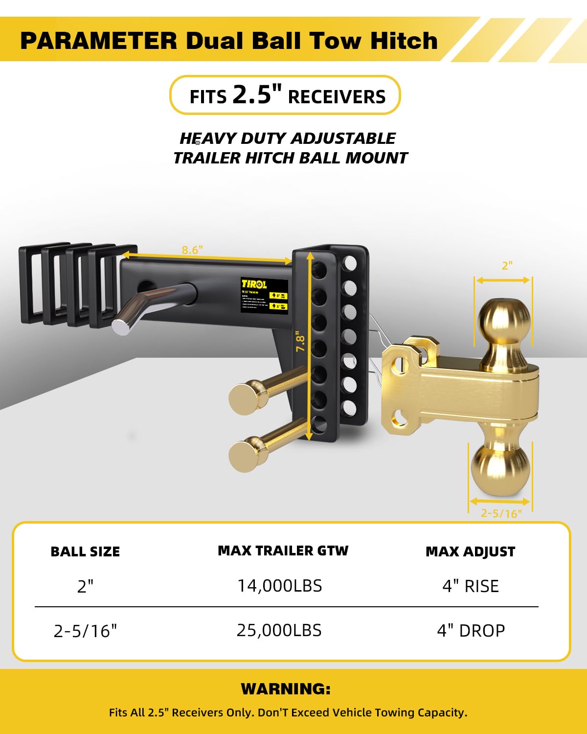TIROL Adjustable Trailer Hitch - 2.5" Hitch Receiver, 6 Inch