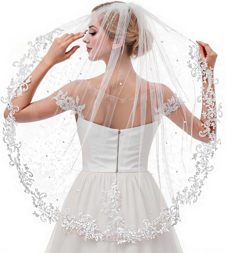 Lace Veil Bridal Veil Cathedral White with Comb Lace Pearl Elbow for Bride and Women Wedding Pearl Cathedral Wedding