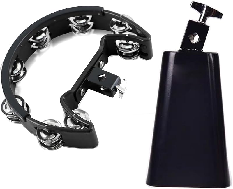 Kit de pandereta y cencerro de 7 pulgadas, pandereta con cáncamo de montaje, negro