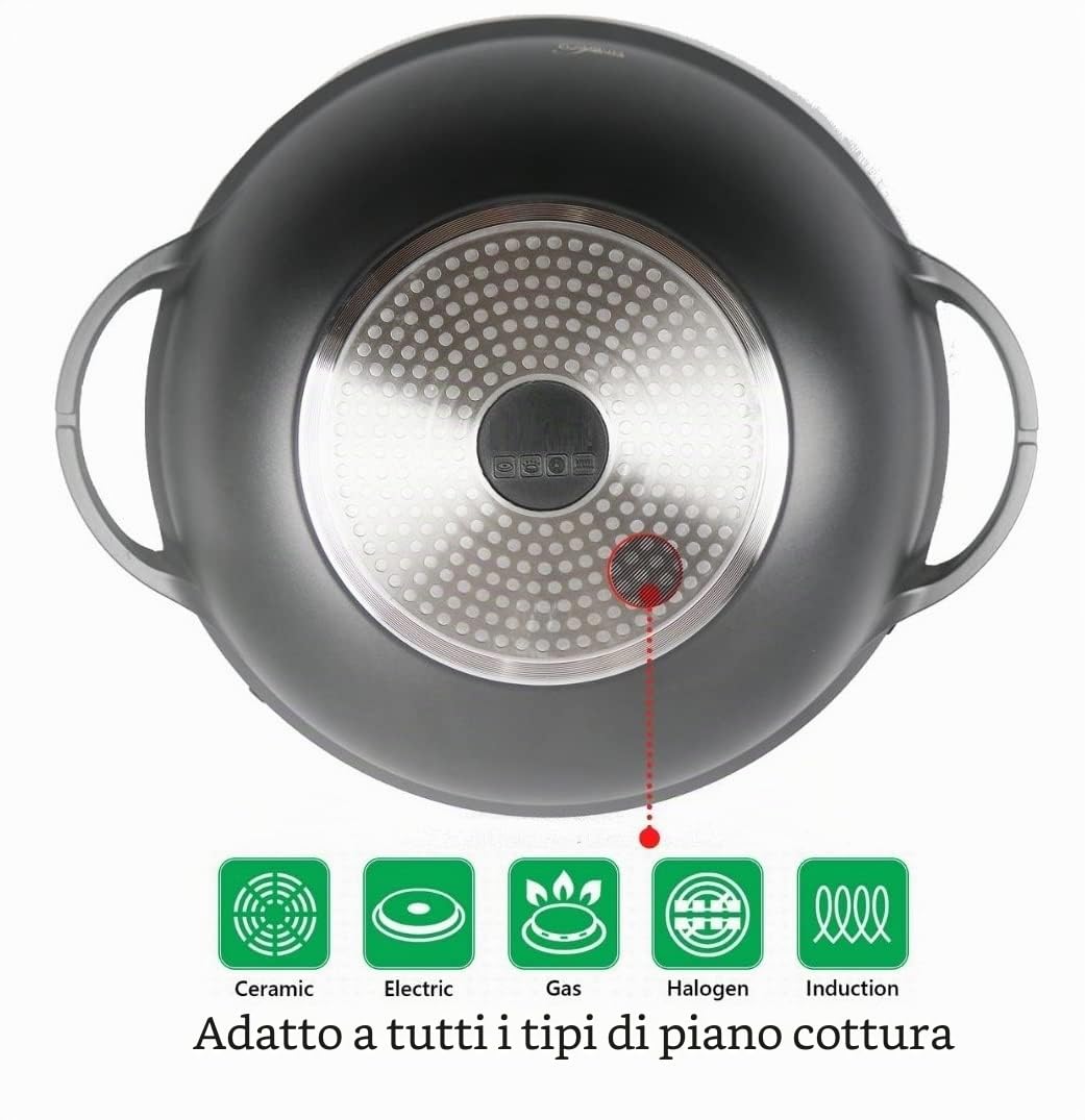 Cheffinger Wok Padella Wok Woktopf Induzione 36cm Alluminio Fuso con Coperchio Padella Marmorbeschichtung Manici IN Silicone