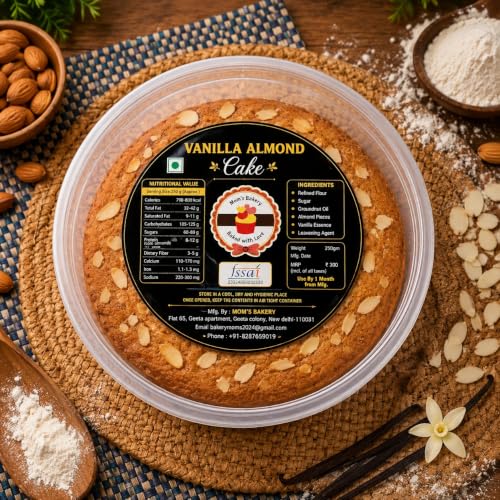 Image of MOM'S BAKERY Vanilla Almond Cake 250g | Soft & Moist Vanilla Sponge Cake Topped with Crunchy Almond Flakes | Freshly Baked Bakery Style Dessert Eggless | Soft & Moist Tea Cake | Made with Premium T45 Flour | No Egg, Vegetarian | Perfect for Tea Time & Snacking