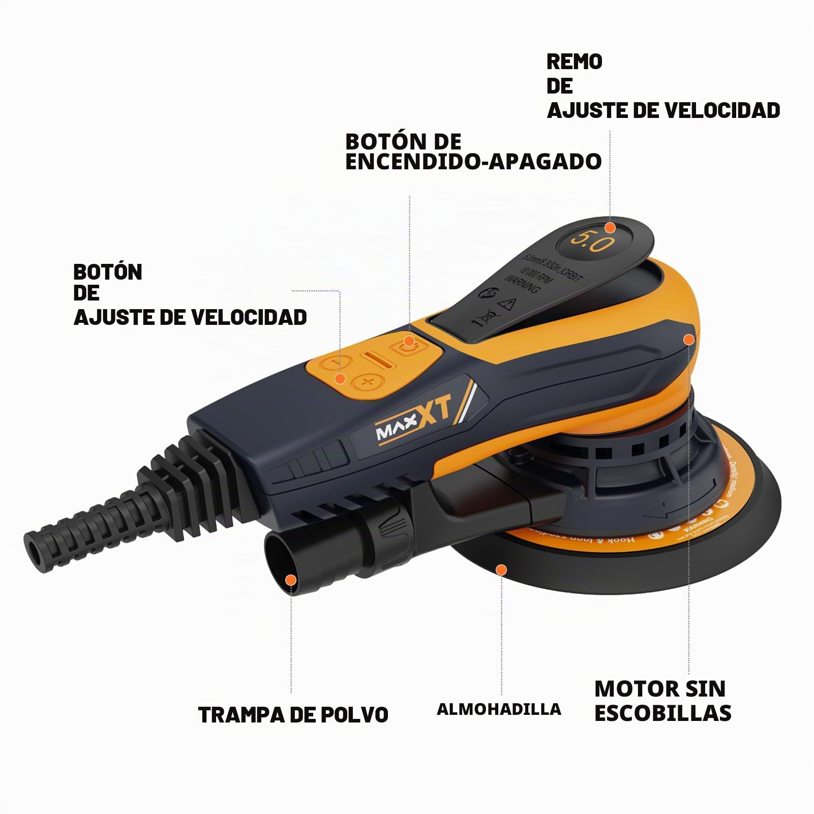 Lijadora orbital aleatoria MAXXT 5,0mm sin escobillas Lijadora eléctrica 350W | 6 velocidades ajustables (4000-10000 rpm) | Plato lijador 150 y 125 mm | Incl. caja práctica, 20 hojas de lija | Frenado