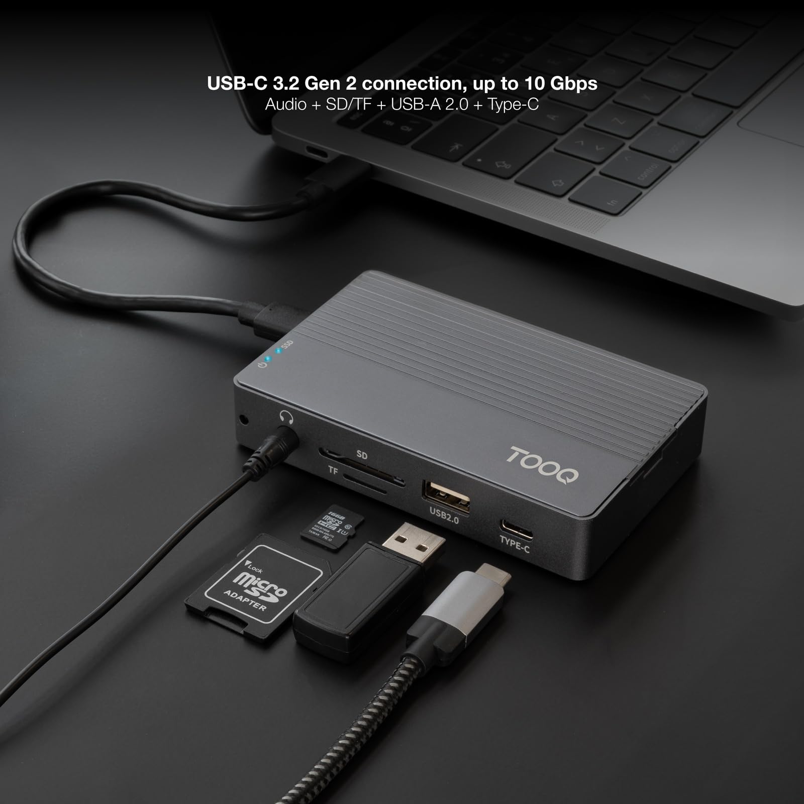 TOOQ TQE-2242G obudowa zewnętrzna do dysków SSD M.2 NVMe/SATA z koncentratorem 10 w 1, USB-C 3.2 Gen2, 2× USB-A 3.1 Gen2, USB-A 2.0, HDMI 2.0, RJ45 Gigabit, czytnikiem SD/TF, audio 3,5 mm i ładowaniem